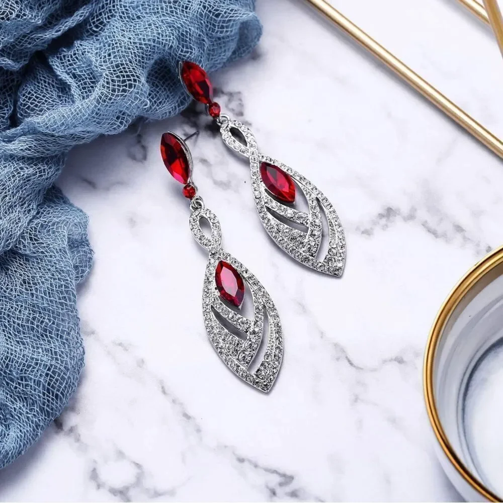 Silver with Ruby Red and Diamond Austrian Crystal Twisted Chandelier Earrings